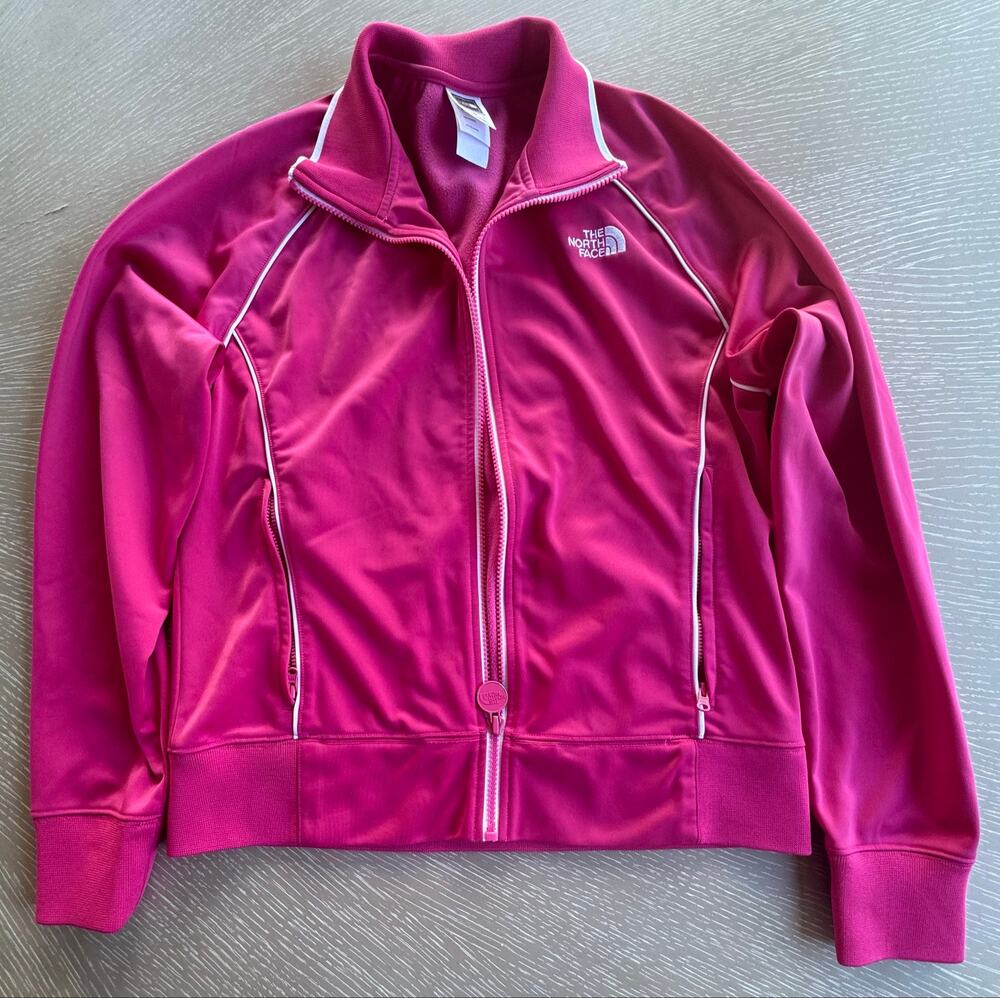 Women's The North Face Pink Full Zip Track Jacket White Piping Fleece Size L